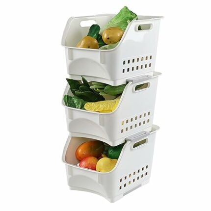 Lesbye 3 Packs Plastic Stacking Storage Basket, Multifunctional Stacking Baskets, Kitchen Vegetable and Fruit Rack Bin, White
