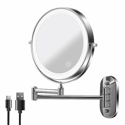 Mokoze Rechargeable Wall Mounted Makeup Mirror, Silvery Bathroom Mirror 8 Inch 1X/10X Magnification with 3 Color LED Lights Touch Screen Dimmable