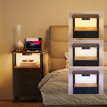 SUNMORY Nightstand with Charging Station & LED
