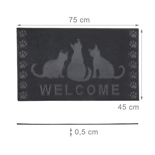 Relaxdays Rubber Doormat with Cat Pattern, Welcome Mat of Anti-Slip and Weather-Proof in Snow and Rain with Cats 0.5 x 75 x 45 cm, Black