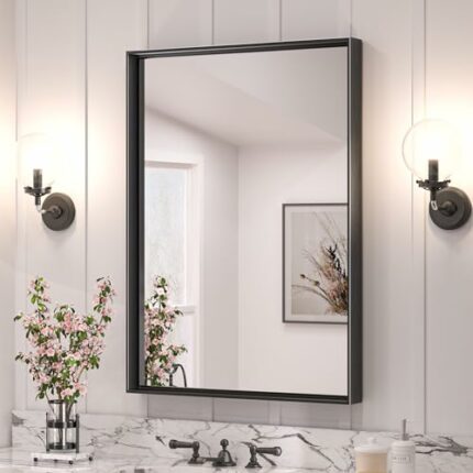 TETOTE Black Frame Bathroom Mirror for Over Sink 22 x 30 Inch Rectangle Matte Black Metal Framed Bathroom Vanity Mirror for Wall, Modern Farmhous