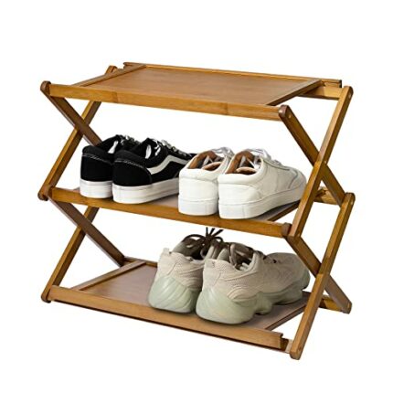 hi-home Shoe Rack Small 3 Tier, Bamboo Shoe Storage Installation-free Shoe Shelf, Folding Narrow Shoe Stand for Bedroom Bathroom Kitchen Entryway