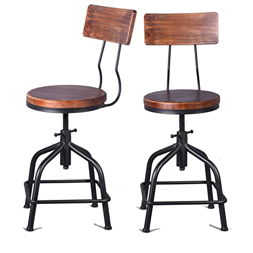 Topower American Antique Industrial Design Black Metal Bar Stool Adjustable Swivel Counter Stools Indoor House Design Set of 2 (Black 2pcs, Woode