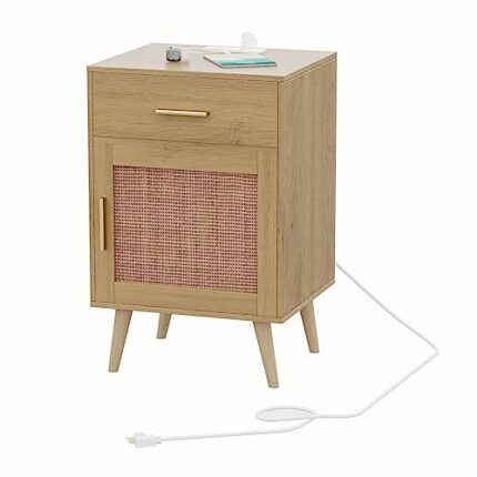 Irontar Rattan End Table with Charging Station, Bedside Table with USB Ports & Outlets, Accent Side Table with Drawer, Bedroom Nightstand with Do