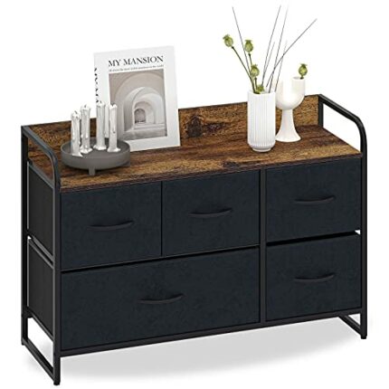 Storage Floor Cabinet with 5 Fabric Drawers Low Chest of Drawers Vintage Sideboards Cupboard Storage Unit Dresser Organiser for Living Room Bedro
