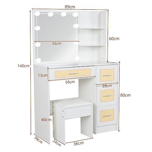 Caulitar Vanity Desk with Mirror and Lights, White Makeup Vanity Set with 4 Drawers and Chair, Girls Vanity Table for Bedroom