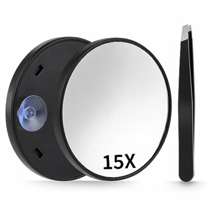 Sibba 15X Magnifying Mirror with 2 Suction Cups, 3.5 inches Magnifying Makeup Mirror with Slant Tweezers, Travel Compact Portable Magnifying Mirr