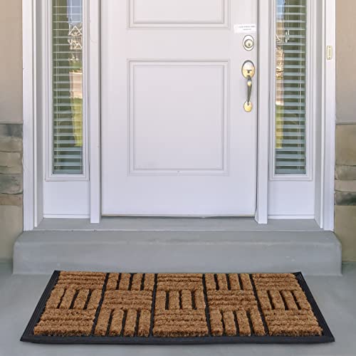 Relaxdays Geometrical Rubber Welcome Doormat, 45 x 75 cm, Door Mat Inside & Outside, Non-Slip Wiper, Black/Coir