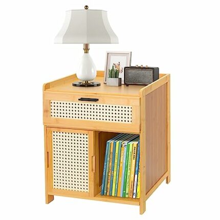 bimiti Bedside Tables with Drawer Bamboo Nightstand Cabinets Furniture with Storage Drawer Sliding Open Shelf & Rattan Door Wooden End Sofa Side