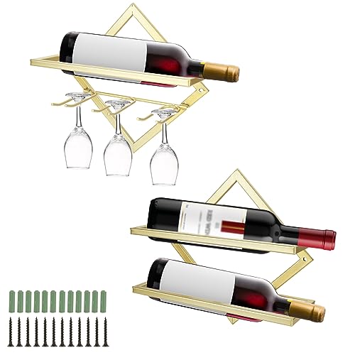 EATHEATY 2 Pack Metal Wall Mounted Wine Holder, Foldable Gold Hanging Wall Wine Rack Storage with Stem Glass Holders, Red Wine Bottle Display Han