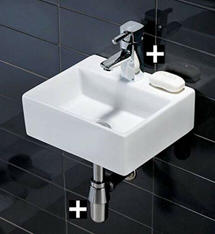 Square Wall Hung Ceramic Basin with Square Mixer tap and Waste