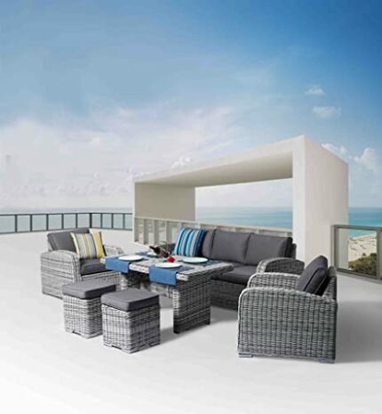 Homeflair Polyster Rattan Weave 3 Seater Sofa 2 Chair Table 2 Stool Set for Garden Long lasting Light Grey