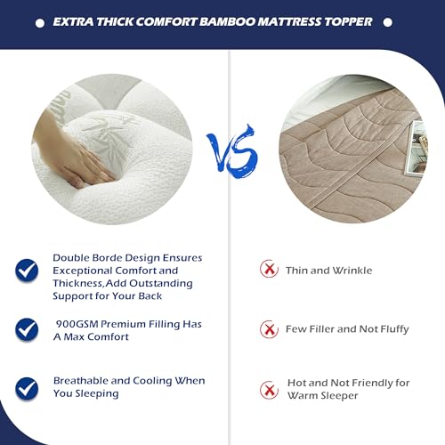 King Size Mattress Topper, Extra Thick Cooling Bamboo Mattress Pad Cover,Soft Down Alternative Fill with 8-21 Inch Deep Pocket- 78"x80" White
