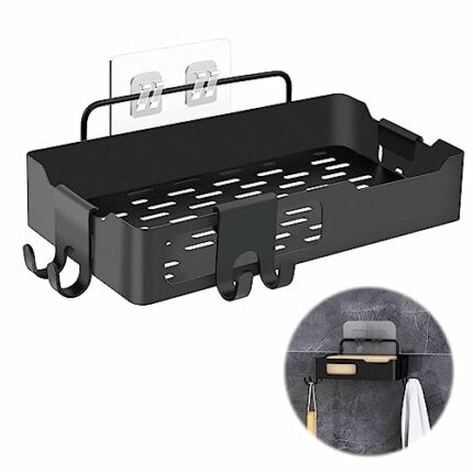 Aila Shower Shelf, Rustproof Shower Caddy Self-Adhesive with 3 Hooks, Wall-mounted Shower Organiser Durable Stainless Steel Bathroom Storage Rack