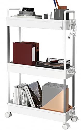 Ronlap 3 Tier Storage Trolley, Narrow Storage Unit with Handle, Hook, Lock Wheels, Trolley On Wheels, Narrow Shelving Unit for Kitchen Bathroom L