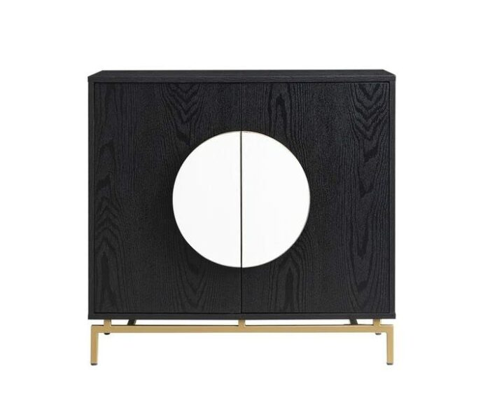 Home Source 31.5'' Black Modern Bar Cabinet, Wooden Double Door Cabinet with Half Moon Handles, Storage Cabinet with Wine Rack, Solid Metal Legs,