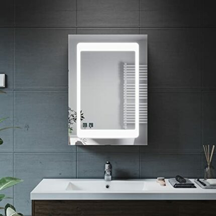 ELEGANT 500 x 700mm Anti-Fog Illuminated LED Bathroom Mirror Cabinet Stainless Steel Frame Wall Storage Mirror with Lights with Sensor Switch and