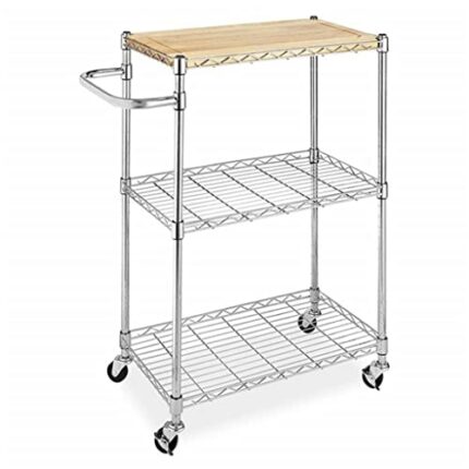 ZCMEB 3 Tier Kitchen & Microwave Trolley 60x35x85CM Storage Rack Wood & Chrome Utility Storage Trolley