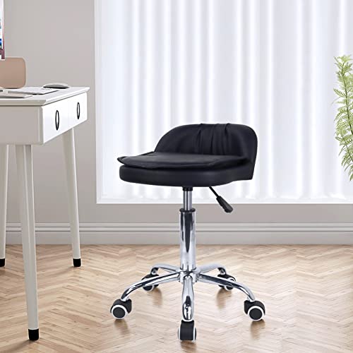 WKWKER PU Leather Rectangle Rolling Stool With Low Back Height Adjustable Swivel Drafting Work SPA Task Chair With Wheels (Black)