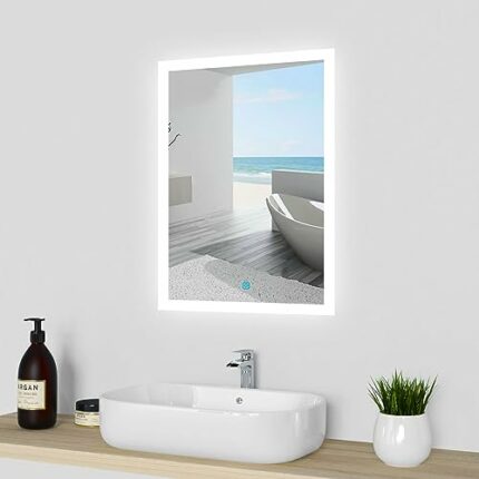 Acezanble 600x500 Bathroom Wall Mirror with LED Lights, LED Bathroom Mirror with Demister Pad, Anti-fog, Touch Sensor Switch, Wall Mounted Vanity