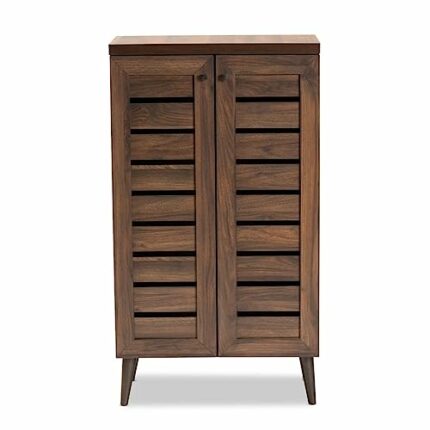 TJLSS Walnut Brown Finished Wood 2-Door Shoe Storage Cabinet Multilayer Shoe Cabinet for Household Items