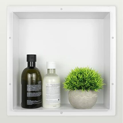 Bernkot Stainless Steel Shower Niche 12" X 12" White Rimless No Tile Needed Recessed Shower Shelf for Bathroom Storage