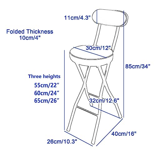 Round Compact Folding Breakfast Bar Stool Chair, Folding Bar Stool With Back Support And Footrest, With Padded Seat, For Kitchen Chair Dining Roo