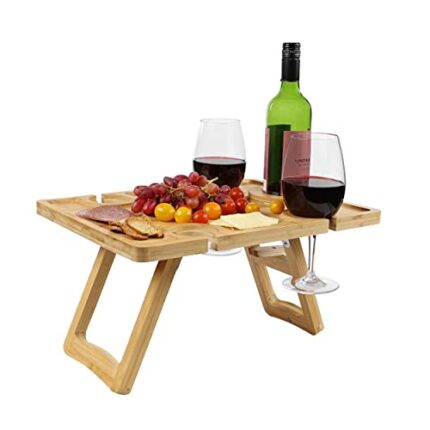G Francis Portable Picnic Table Foldable Wine Table - 17x12.6in Bamboo Charcuterie Board with Wine Holder for Park Lawn