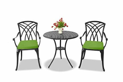 Centurion Supports OSHOWA Luxurious Garden & Patio Table & 2 Large Chairs with Armrests Cast Aluminium Bistro Set - Black with Green Cushions