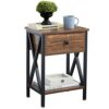VECELO Bedside Table with Drawer and Shelf, No Slide Rails, Stable Metal Frame/Easy Assembly, Rustic Brown, Nightstand (Set of 2)