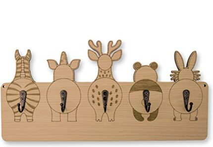 Children's Wardrobe - Handmade - 5 Metal Hooks - 40x21 cm - Coat Rack with Animals - Hanging Coat Rack - Wood - Wall Coat Rack - with Holders