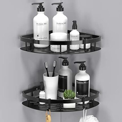 pickpiff Corner Shower Caddy Black, Adhesive Shower Organiser No Drilling, 2 Pack ALUMINIUM Bathroom Shower Shelf Rustproof with 4 Hooks