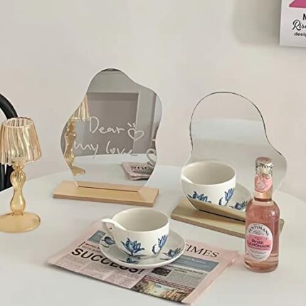 JTgugu Irregular Acrylic Makeup Mirror Aesthetic Vanity Mirror Frameless with Wooden Base for Bathroom Living Room Bedroom and Aesthetic Room Dec