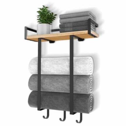 Towel Racks for Bathroom Wall Mounted, Bath Towel Holder with Wooden Shelf, Wall Towel Storage Organizer Rolled Towel Shelf for Large Towels, Sma