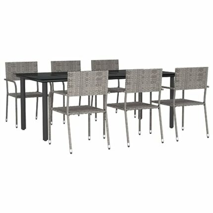 vidaXL Garden Dining Set 7 Piece, Table and Chair for Patio Terrace, Outdoor Dining Set with Table, Modern Style, Grey and Black Poly Rattan and