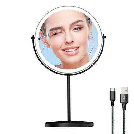 WIZCHARK 8” Lighted Makeup Mirror, 1X 10X Magnifying Mirror with Light, Double Sided Vanity Mirror with Lights, 3 Color LED Dimmable 2000mAh Rech