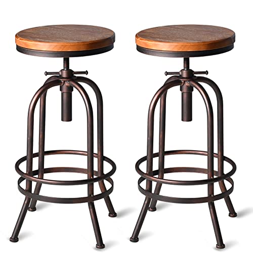 BOKKOLIK Set of 2-Industrial Bar Stool-Retro 28-34inch Swivel Stools-Extra Tall Kitchen Chair-Bar Counter Height Adjustable-Fully Welded (Black 2