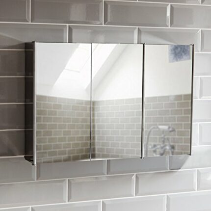 Bath Vida Bathroom Mirror Cabinet 3 Door Stainless Steel Storage Silver with Magnetic Closing Mechanism
