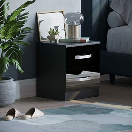 Amazon Brand - Movian High Gloss 2 Drawer Bedside Cabinet, Black, 47 x 40 x 36 cm