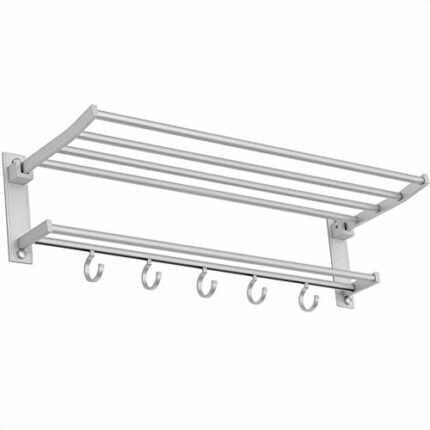Candora Aluminum Wall Mounted Bathroom Towel Rack Brushed Towel Shelf towel holder Hotel Rail Shelf Storage Holder with 5 Hooks Double Layer Stor