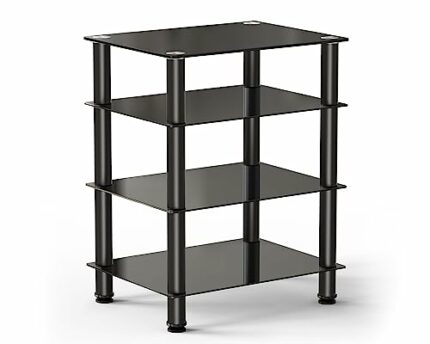 FITUEYES HiFi Rack AV Shelf 4-Tiers Glass TV Stand with Tempered Glass Media Storage Shelves Black
