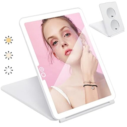 Micacorn LED Light Travel Makeup Mirror, 3X 5X Magnifying Vanity Mirror USB Charge Foldable Standing Mirror Touch Screen 3 Colors Brightness Adju