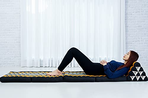 LEEWADEE 4-Fold Mat with Triangle Cushion – Firm TV Pillow, Foldable Mattress with Cushion Made of Eco-Friendly Kapok, 225 x 50 cm, black orange