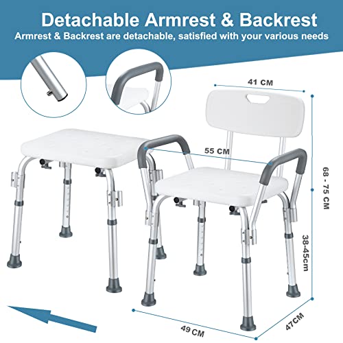 NArra Shower Stool, Height Adjustable Shower Chair with Detachable Armrests Backrest, Perching Stool Load up to 150kg with Non-Slip Foot Pads, Ba