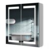 Quavikey® Bathroom Mirror Cabinet with Lights and Shaver Socket 2 Doors Grey Medicine Cabinet Wall Mounted with Shelf 3 Color Strip Lights and De