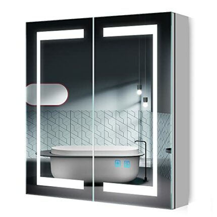 Quavikey® Bathroom Mirror Cabinet with Lights and Shaver Socket 2 Doors Grey Medicine Cabinet Wall Mounted with Shelf 3 Color Strip Lights and De