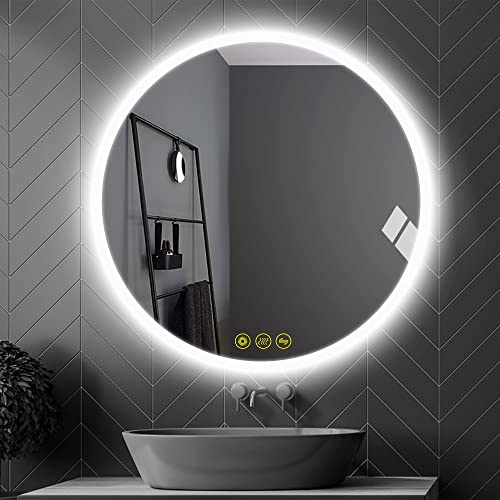 ICYWANG Bathroom LED Mirror Round 60cm Lighted Illuminated Backlit Light Up Mirror with Touch Switch Color Change Anti-Fog Wall Mounted