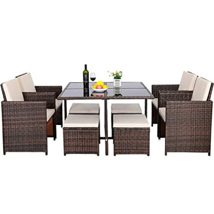 TJLSS 9 Piece Rattan Garden Furniture Sofa Set Brown Outdoor Patio Coffee with Cushion