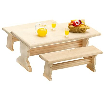 Miniature Fairy Garden Furniture Set 1:12 Scale Mini Wooden Picnic Table and Benches with Mini Bread Basket Juice Set for DIY Mini House Outdoor