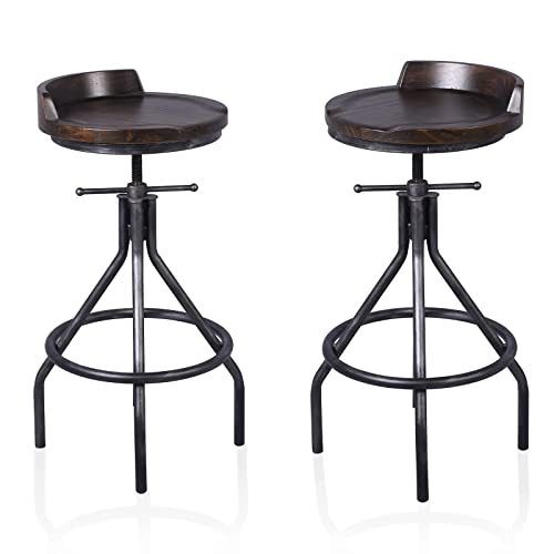 Set of 2 Bar Stools | Industrial Vintage Style | Swivel Wooden Seat | Counter Height Adjustable 24-28inch | with Mini Backrest